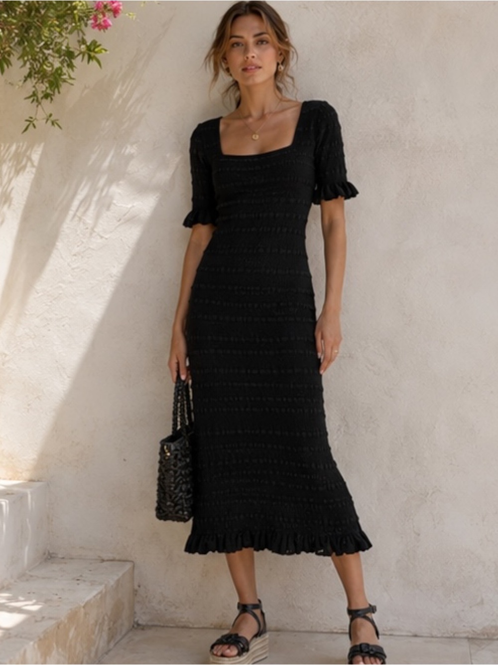 Adam Lippes Square Neck Ruffle Hem Knit Midi Dress Black Size M